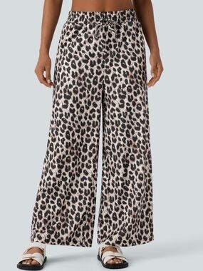 High Waisted Drawstring Pocket Leopard Print Wide Leg Casual Pants